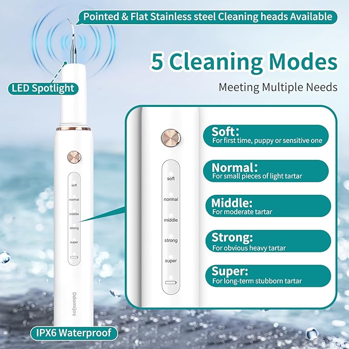Dog Plaque Tartar Remover, Electric Toothbrush Teeth Cleaner Dental Care Kit for Dogs Cats- 5 Modes LED IPX6 Waterproof Auto-Stop Gum Protection USB Charge, 3 Brush Heads, Pet Teeth Cleaning Tools-PawvioPets