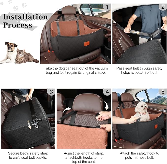 Dog Car Seat for Medium & Large Dogs Up to 55lbs, Memory Foam Cushion, Washable Cover, Safety Straps & Non-Slip Bottom(Black/Brown,Large)-PawvioPets
