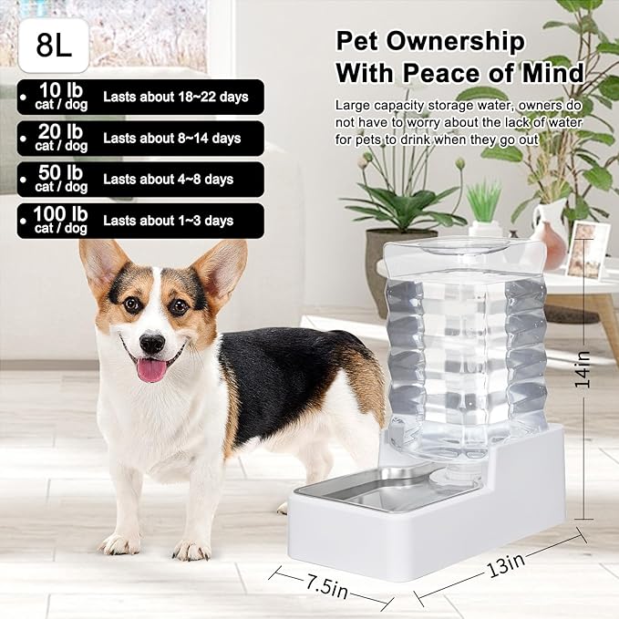 Dog Cat Water Dispenser: 8L White Upgraded Gravity Feeder with Stainless Steel Bowl - BPA-Free Large Capacity for Medium/Large Pets - Indoor & Outdoor Use-PawvioPets