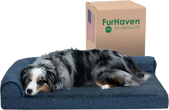 Furhaven Cooling Gel Dog Bed for Large/Medium Dogs w/ Removable Bolsters & Washable Cover, For Dogs Up to 55 lbs - Plush & Almond Print L Shaped Chaise - Blue Almonds, Large-PawvioPets
