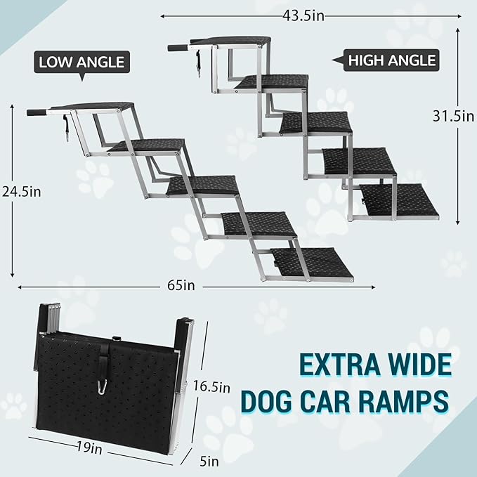 Extra Wide Dog Stairs for Large Dogs,Portable Folding Pet Stairs for Cars,SUV,Trucks,Dog Steps with Non-Slip Surface,Supports Up to 250 lb,5 Steps-PawvioPets