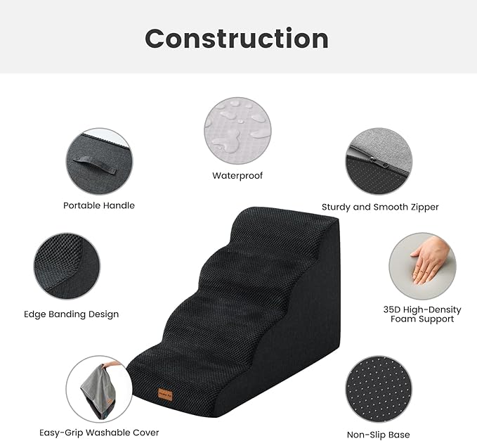 Gardner Pet Dog Stairs for Small Dogs 19.7" H, 4-Step Black Curved Pet Stairs, Dog Steps for High Bed (18-24 in), Couch with Durable Non-Slip Waterproof Fabric Cover and CertiPUR-US Certified Foam-PawvioPets