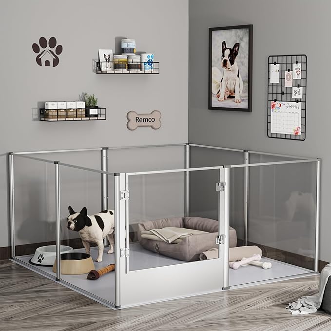 Dog Clear Playpen Fence Kennel: Pet Indoor Heavy Duty Whelping Box Pen Cage with Waterproof whelping pad - Small Animal Acrylic Exercise Kennel Pen with Metal Frame for Cats Puppy Rabbits Guinea Pig-PawvioPets