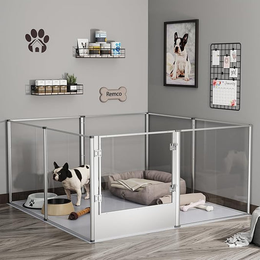Dog Clear Playpen Fence Kennel: Pet Indoor Heavy Duty Whelping Box Pen Cage with Waterproof whelping pad - Small Animal Acrylic Exercise Kennel Pen with Metal Frame for Cats Puppy Rabbits Guinea Pig-PawvioPets