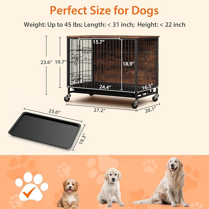 Dog Crate Furniture, 27.2" Small Dog Kennel Wooden Dog Crate with Pull-Out Tray, Double Doors, Modern End Table for Small/Medium Dogs, Grey-PawvioPets