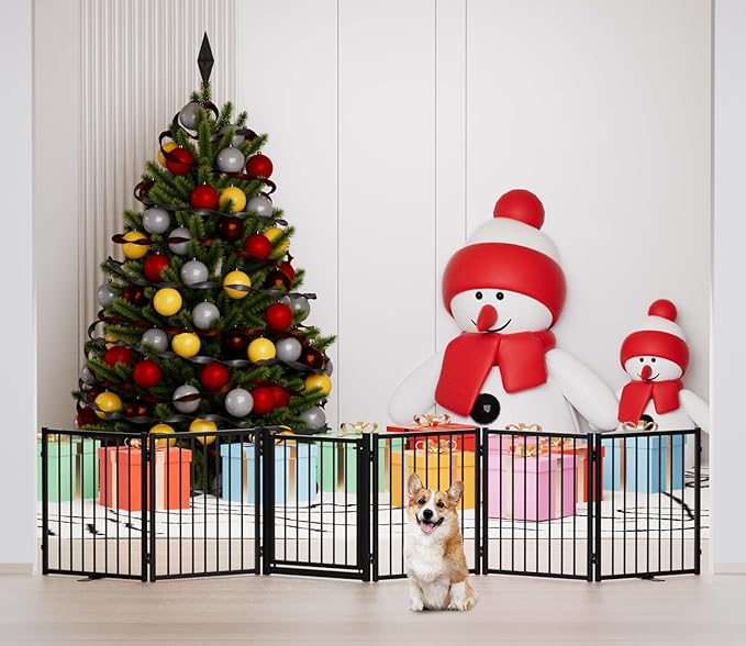 Full Metal Freestanding Dog Gate with Door, 24'' Height Foldable Pet Dog Fence for Indoor & Outdoor, 6 Panels Extra Wide Free Standing SmallDog Gates for Doorways,House,Stairs,Porch,Deck,Yard-PawvioPets