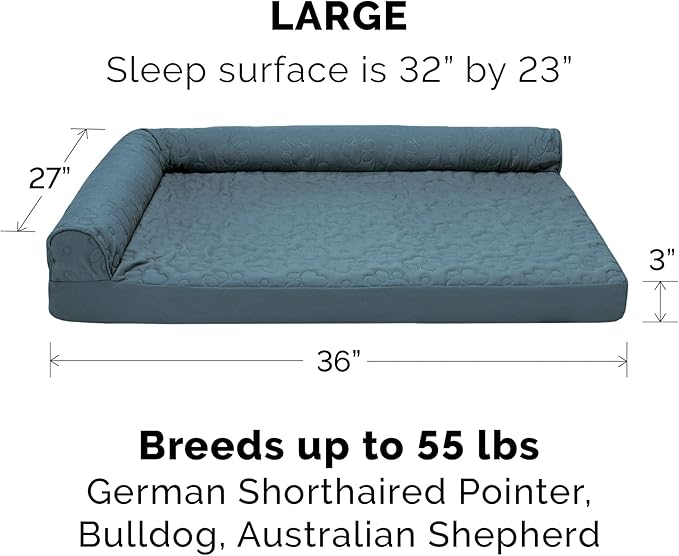 Furhaven Cooling Gel Dog Bed for Large/Medium Dogs w/ Removable Bolsters & Washable Cover, For Dogs Up to 55 lbs - Pinsonic Quilted Paw L Shaped Chaise - Bluestone, Large-PawvioPets