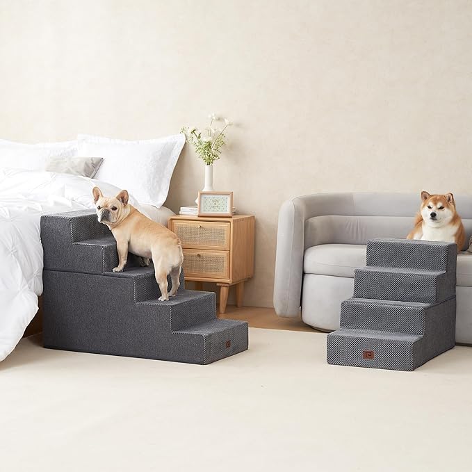 EHEYCIGA Dog Stairs for High Bed 25" H, 5-Step Extra Wide Dog Steps for Bed, Pet Steps for Small Dogs and Cats, Non-Slip Balanced Pet Ramp Indoor, Grey-PawvioPets