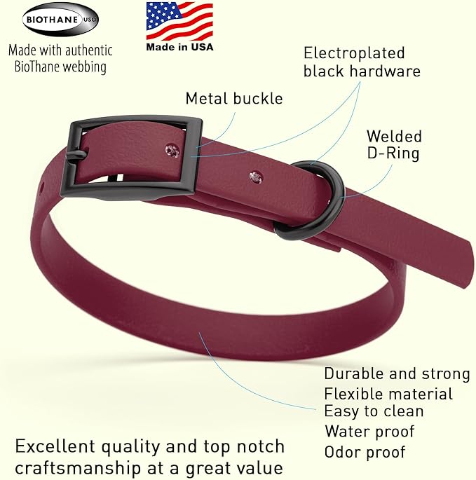 Dogline Biothane Waterproof Dog Collar Strong Coated Nylon Webbing with Black Hardware Odor- Proof for Easy Care Easy to Clean High Performance Fits Small Medium or Large Dogs, Merlot Burgundy-PawvioPets