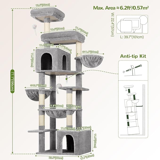 Globlazer Tall Cat Tower, 76 inch Multiple Level Cat Climbers for Indoor Cats, XL Cat Tree with 5 Scratching Posts, 2 Cat Condos, Hammock, 2 Hanging Baskets, F76B, Light Grey-PawvioPets