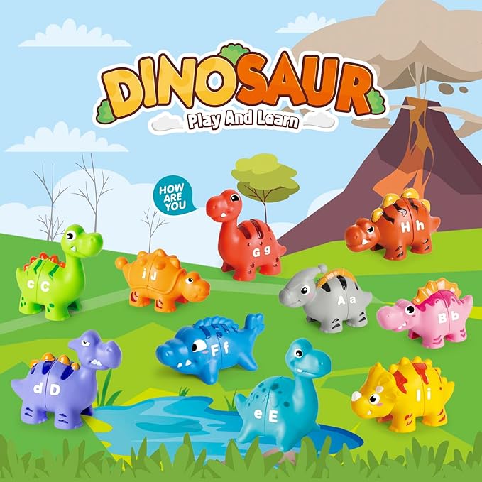 52 PCS Dinosaur Alphabet Learning Toys for Toddlers Kids 3-5, 10 Different Dinosaur Figures, Double Sided ABC Matching Game, Preschool Activities Montessori Fine Motor Toys for Toddlers Kids-PawvioPets