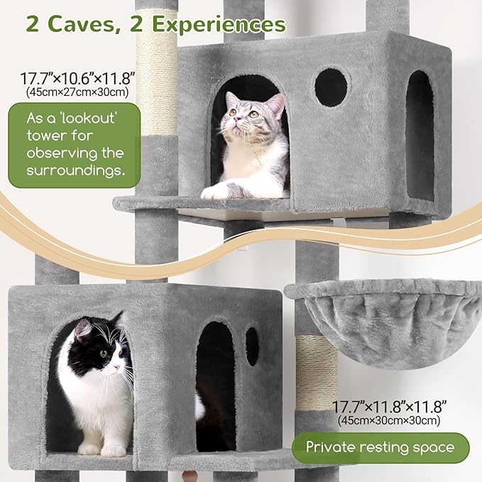 Globlazer Cat Tree, 70 inch Tall Scratching Tower Multi-Level Cat Condo for Indoor Multiple Cats with 2 Large Cat Caves, Top Perch, Large Platform, Bottom Swing, F70B, Light Grey-PawvioPets