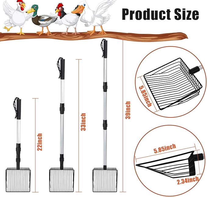 Esmorah Chicken Poop Scooper for Sand & Coop Cleaning - Sifting Shovel with 22"-40" Adjustable Handle, 3 Lengths Heavy Duty Stainless Steel Sifter-PawvioPets