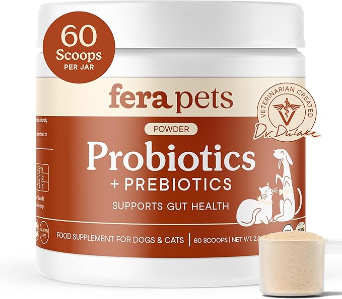Fera Pets Probiotics for Dogs & Cats with Prebiotics - USDA Organic - Gut Health Powder Supplement with 12 Strains and 5 Billion CFUs - Supports Immunity, Energy and Skin & Coat - 60 Scoops-PawvioPets
