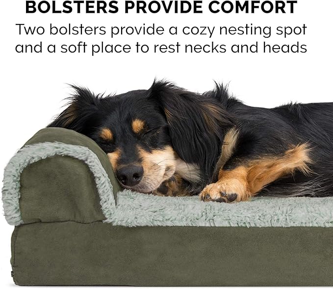 Furhaven Cooling Gel Dog Bed for Medium/Small Dogs w/ Removable Bolsters & Washable Cover, For Dogs Up to 35 lbs - Two-Tone Plush Faux Fur & Suede L Shaped Chaise - Dark Sage, Medium-PawvioPets