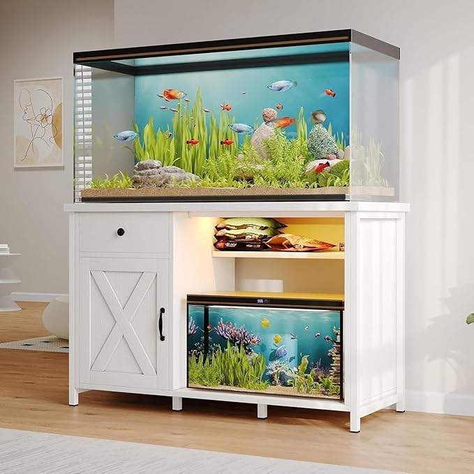 55 Gallon Fish Tank Stand with LED Light & Power Outlets, 55-75 Gallon Aquarium Stand with Drawer & Barn Door, 50" L x 20" W Cabinet for 2 Fish Tank Accessories Storage, Turtle Tank, Antique White-PawvioPets