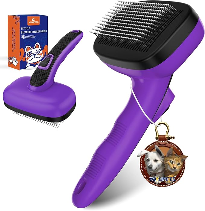 Dog Self Cleaning Slicker Brush for Shedding, Ideal for Short Long Haired Dogs, Including Cat. Removes Loose Fur, Undercoat, Mats, Tangled Hair. Suit for Large Medium Small Animal, Purple-PawvioPets