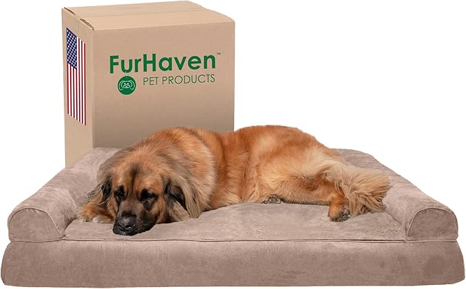 Furhaven Orthopedic Dog Bed for Large Dogs w/ Removable Bolsters & Washable Cover, For Dogs Up to 125 lbs - Plush & Suede Sofa - Almondine, Jumbo Plus/XXL-PawvioPets