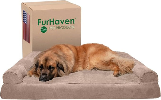 Furhaven Orthopedic Dog Bed for Large Dogs w/ Removable Bolsters & Washable Cover, For Dogs Up to 125 lbs - Plush & Suede Sofa - Almondine, Jumbo Plus/XXL-PawvioPets