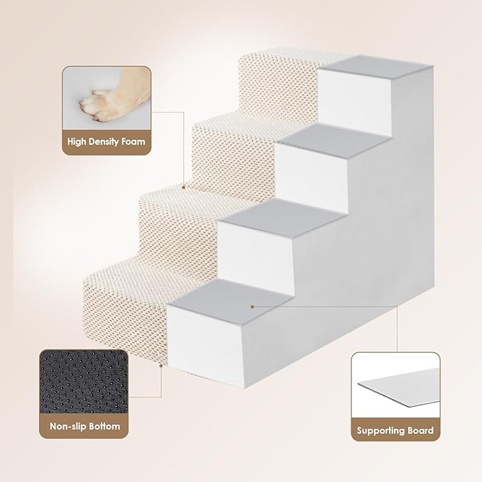 EHEYCIGA Dog Stairs for Bed 18" H, 4-Step Dog Steps for High Bed, Pet Steps for Small Dogs and Cats, Non-Slip Balanced Pet Ramp Indoor, Beige-PawvioPets