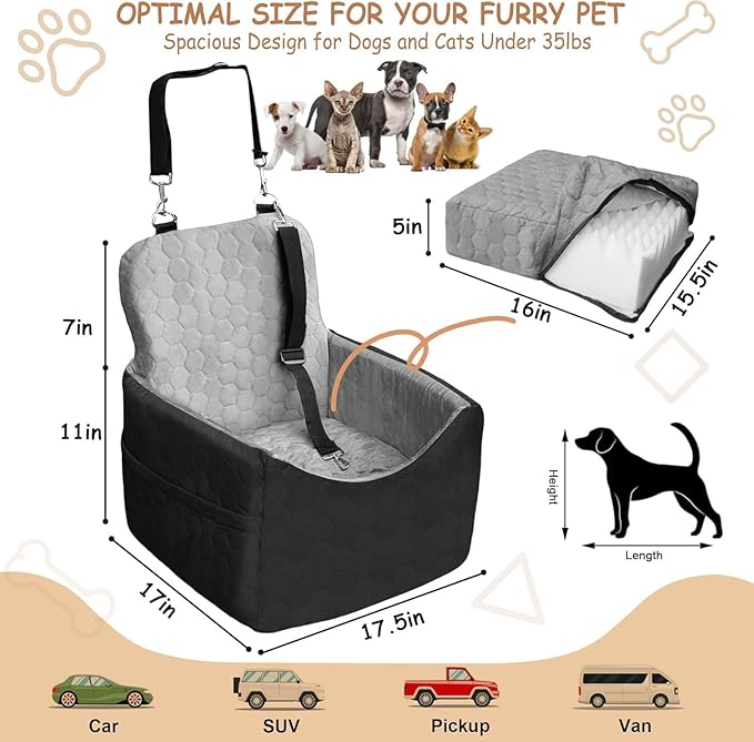 Dog Car Seat for Small/Medium Dogs - Dog Booster Seat with Safety Straps & Non-Slip Base, Travel Pet Car Seat with Storage Pockets, Washable & Removable, Suitable for Dogs Under 35 lbs (Black&Gray)-PawvioPets