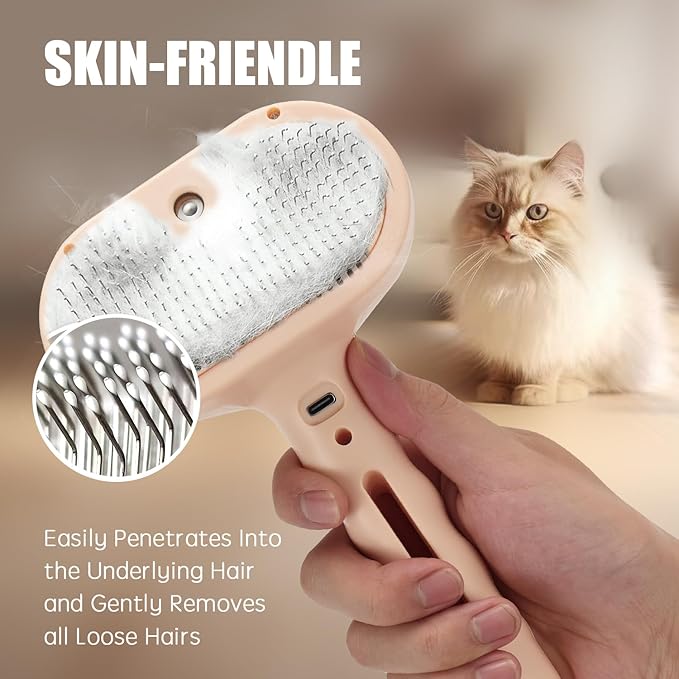 3-in-1 Pet Steam Brush, Grooming Comb with Water Tank for Cats and Dogs, Long and Short Hair (Pink)-PawvioPets