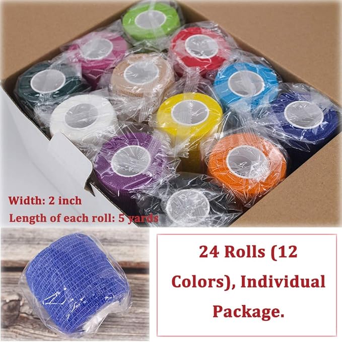 24 Pack Breathable Self Adherent Wrap, Athletic Elastic Non Woven Cohesive Bandage for Sports, First Aid Medical, Wrist, Ankle Sprains, Swelling and Vet Wrap 2 Inch 5 Yards (Rainbow Color).-PawvioPets