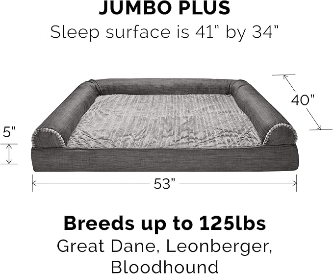 Furhaven Orthopedic Dog Bed for Large Dogs w/ Removable Bolsters & Washable Cover, For Dogs Up to 125 lbs - Luxe Faux Fur & Performance Linen Sofa - Charcoal, Jumbo Plus/XXL-PawvioPets