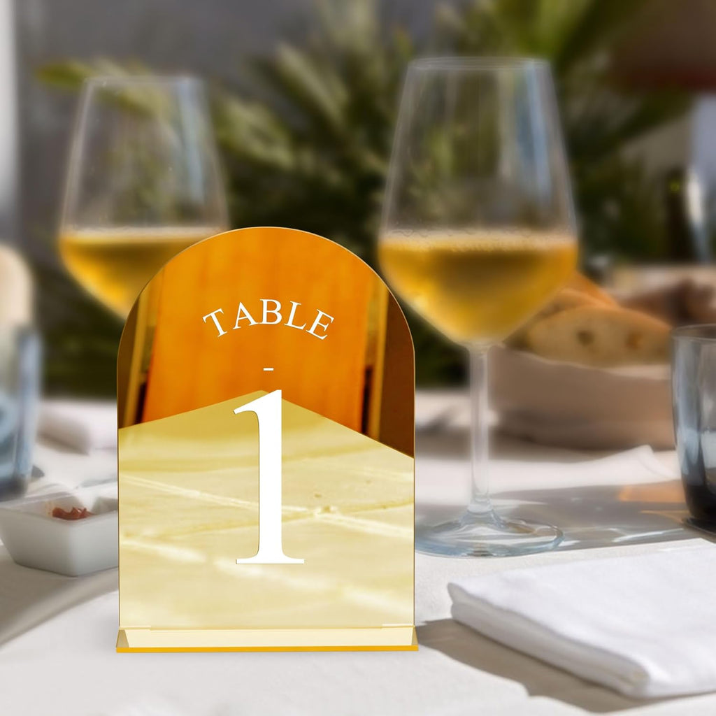 JOYIT Arch Wedding Table Numbers 1-40 with Stands – 5" X 7" Acrylic Mirrored Gold Table Number Holders, Perfect for Wedding Receptions, Parties, Anniversaries, and Events