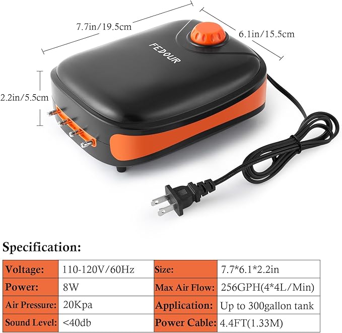 FEDOUR 4W/5W/8W Aquarium Corded Electric Air Pump, 96GPH/160GPH/256GPH Dual Outlets 4 Outlets Oxygen Pump, Ultra Quiet Aquarium Bubbler for up to 300 Gallon Fish and Turtle Tank-PawvioPets