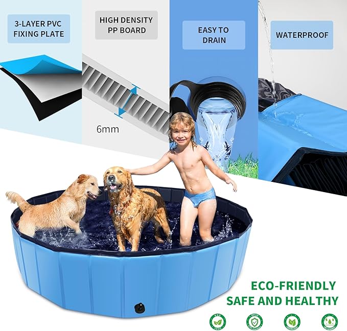 Foldable Dog Pool, 55" x 12" Kiddie Pool with Hard Plastic, Non-Slip Dog Bath Tub for Outdoor Backyard, Collapsible Dog Swimming Pool for Kids Dogs Pets (Blue)-PawvioPets