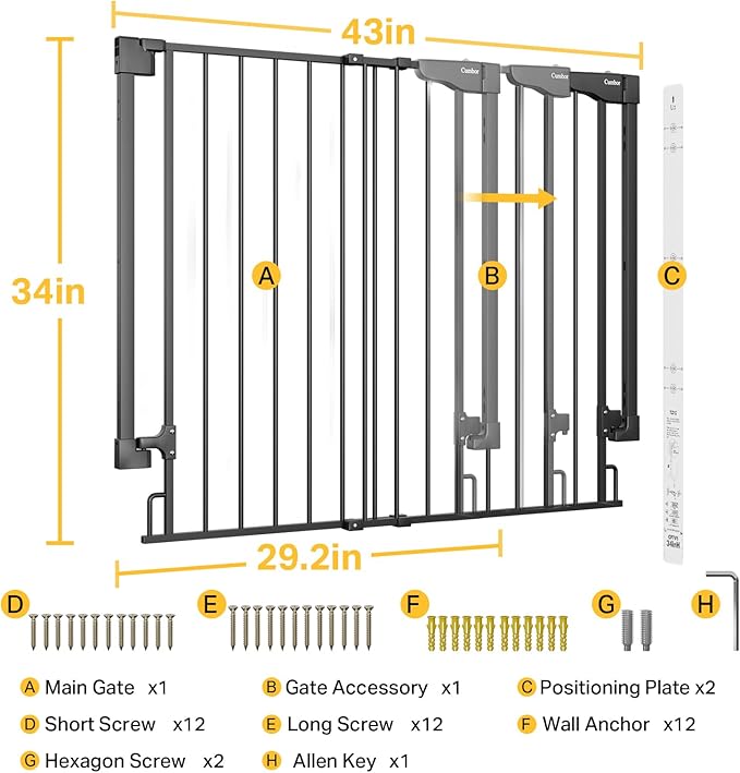 Cumbor 34" Extra Tall No Bottom Bar Baby Gate for Stairs, Auto Close Dog Gate Indoor for Larger Pets, 29.2-43" Hardware Mounted Safety Gate for Doorways, Wide Walk Thru Door for Easy Access (Black)-PawvioPets