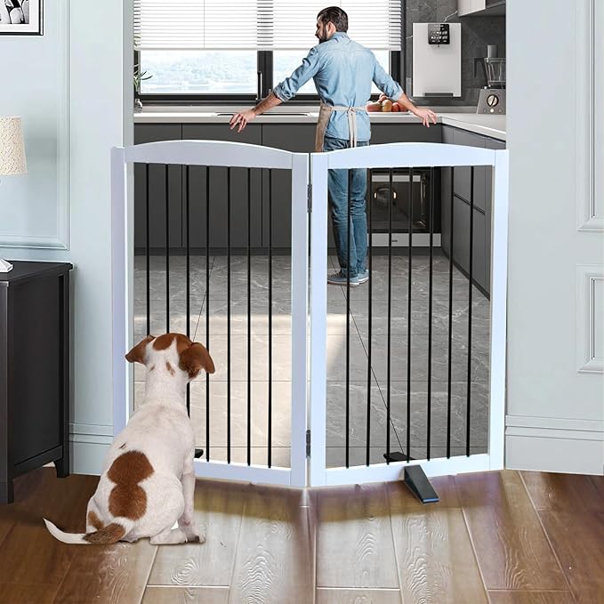 Freestanding Panel Dog Gate for Indoor, Doorways,Stairs, or Hallways,Foldable Wooden Dog Gates for House,Pet Gate for Dogs,Dog Fence, Puppy Gate,Support Feet Included,32 "Height-2 Panels,White-PawvioPets