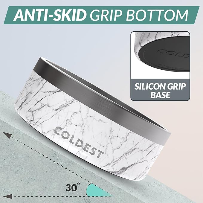 Coldest Dog Bowl - Anti Rust Metal, Non Slip, 3 Layers Insulated Stainless Steel Dog Bowls - Spill Proof & Heavy Duty - Water Bowl for Dogs, Cats & Pets, Dish Washer Safe (64 oz, Carrara Marble)-PawvioPets