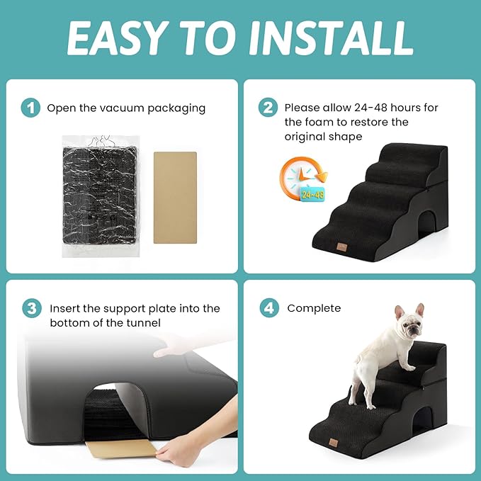 Extra Wide Dog Stairs with Tunnel, Detachable Large Pet Step for Small Medium Dog, Puppy or Cat, Ramp for High Bed, Couch, Sofa or Car, Stable, 19.7x33x22.4 inch, 5 Step, Black-PawvioPets