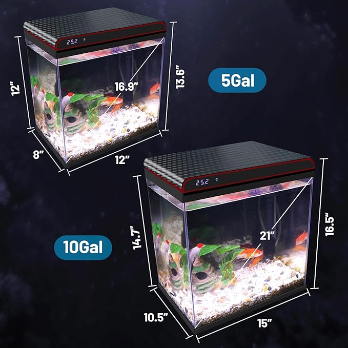 5 Gallon Glass Fish Tank Aquarium Starter Kit - Self-Cleaning, Ultra-Quiet Filter Pump, 3-Color LED Lights, Smart Temp Monitoring for Betta Fish, Shrimp, Kids Gift-PawvioPets