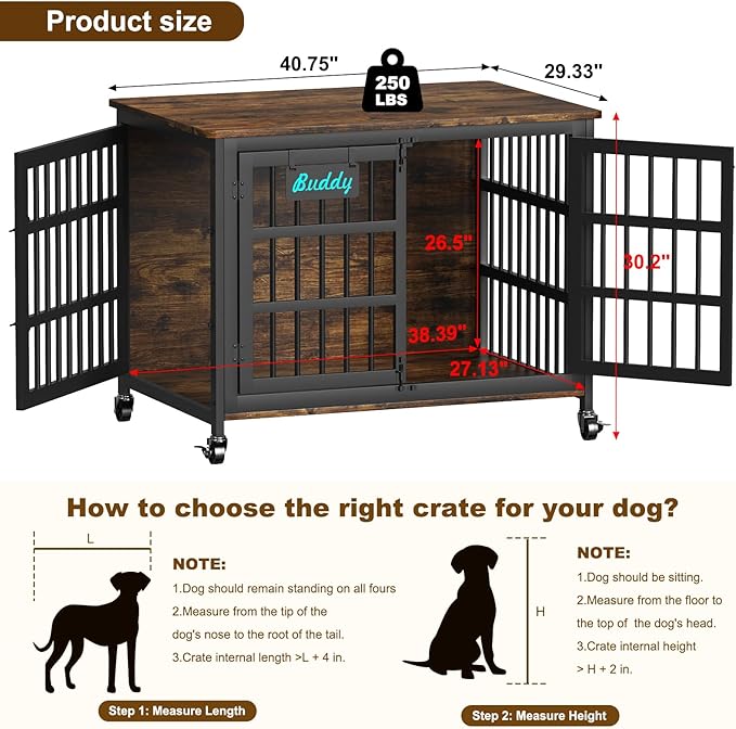 EasyCom 41"/33"/27" Dog Crate Furniture with Name Tag, Heavy Duty Dog Kennel Indoor for Medium Dogs, Double-Doors Sturdy Metal Dog Cage for Anxiety Dog, Decorate House as TV Stand, End Table-PawvioPets
