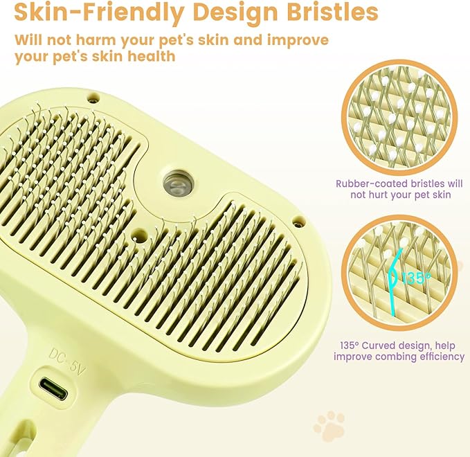 3 in 1 Cat Steam Brush, Pet Spray Hair Removal Comb for Shedding & Grooming, Water Brush for Cats Dogs Small Animals Long Short Haired with One-Click Release Button(Yellow)-PawvioPets