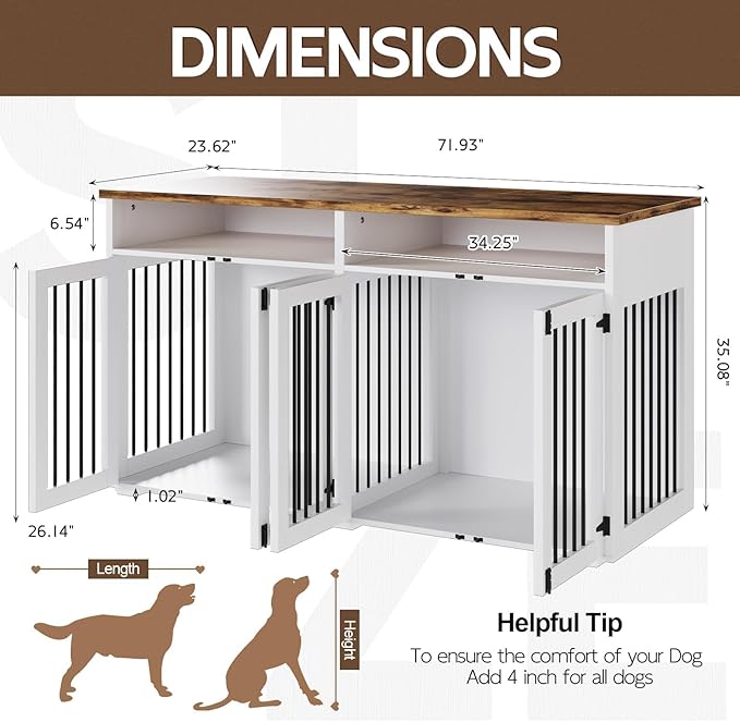 72'' Dog Crate Furniture for 2 Dogs, Wooden Dog Cage with Storage Compartment, Indoor Dog Kennel with 4 Doors for Large/Medium Dogs, White-PawvioPets