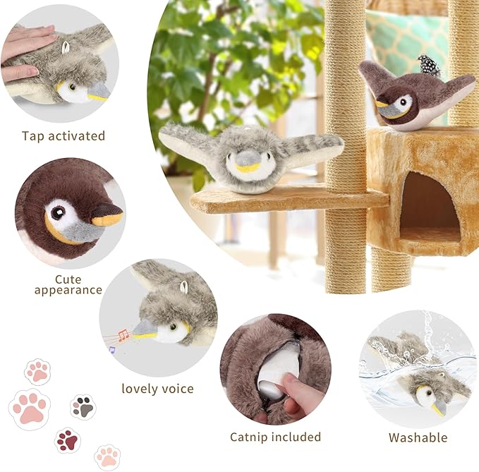 2 PCS Cat Toys, Flapping Bird Cat Toy(No Flying), Interactive Catnip Toy with Catnip Bags, Chirping Noise Moving Wings Dog Cat Kitten Toys, Flappy Flying Pets Toy for Indoor(Brown&Gray Sparrow)-PawvioPets