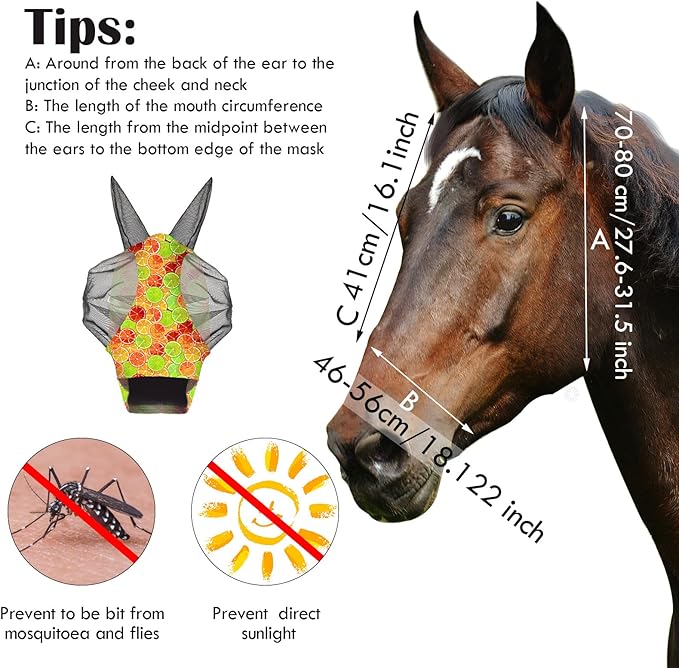 Frienda 4 Pieces Horse Fly Masks with Ears Face Covering UV Protection from Insect Pests Elasticity Smooth Comfortable Mesh Horse Mask Accessories(Fruit,Medium)-PawvioPets