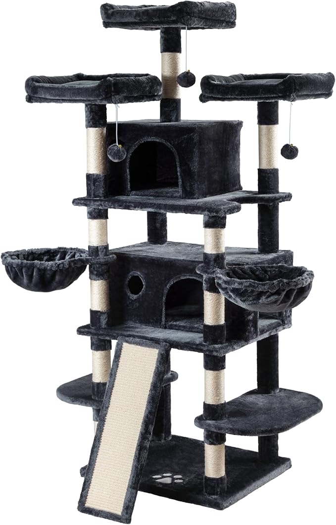 Allewie 68 Inches Cat Tree/House and Towers for Big Feline/Scratching Post/Multi-Level Large Kitty Climbing Tree with Condo/Smokey Grey-PawvioPets