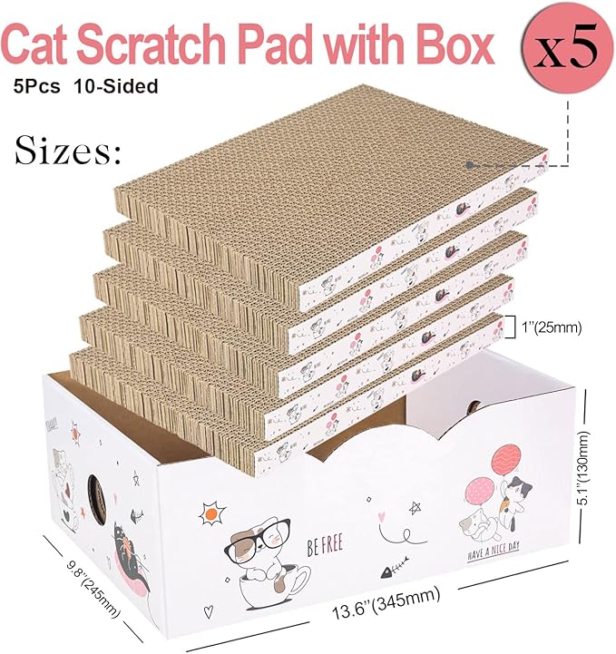 5 Packs in 1 Cat Scratch Pad with Box, Cat Scratcher Cardboard,Reversible,Durable Recyclable Cardboard, Suitable for Cats to Rest, Grind Claws and Play with Scratch Box-PawvioPets