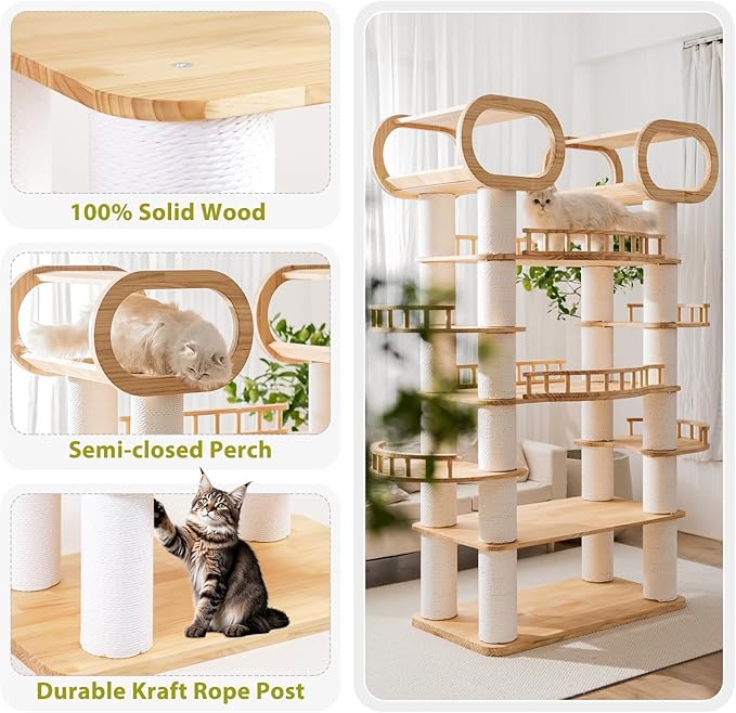 76.8'' Modern Cat Tree, Tall Cat Tower for Indoor Cats, Pine Wood Climb Tower with 2 Removable Mats, Heavy Duty Cat Furniture with Fully Wrapped Scratching Post, Huge Cat Condo for Multi-Cat Families-PawvioPets