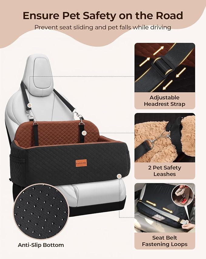 Dog Car Seat for Large Medium Dogs, Pet Car Seat Under 55 lbs or 2 Puppies, Removable Washable Pets Travel Booster Bed for Automotive Backseat with Comfy Thick Cushion, 2 Safety Leashes(Black/Brown)-PawvioPets