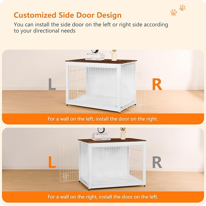 DWANTON Dog Crate Furniture with Cushion, Wooden Kennel Table with Double Doors, Indoor Dog House, Large Size, 38.5" L, White+Rustic Brown-PawvioPets