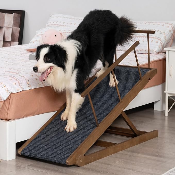 Dog Ramp for Bed Couch - Pet Steps Stairs to Get on Bed Couch 15.7"-23.6" High for Small or Large Dog Up to 200 lbs, Adjustable Wooden Dog Ramp Steps Foldable Portable, Anti-Slip Carpet (Brown)-PawvioPets