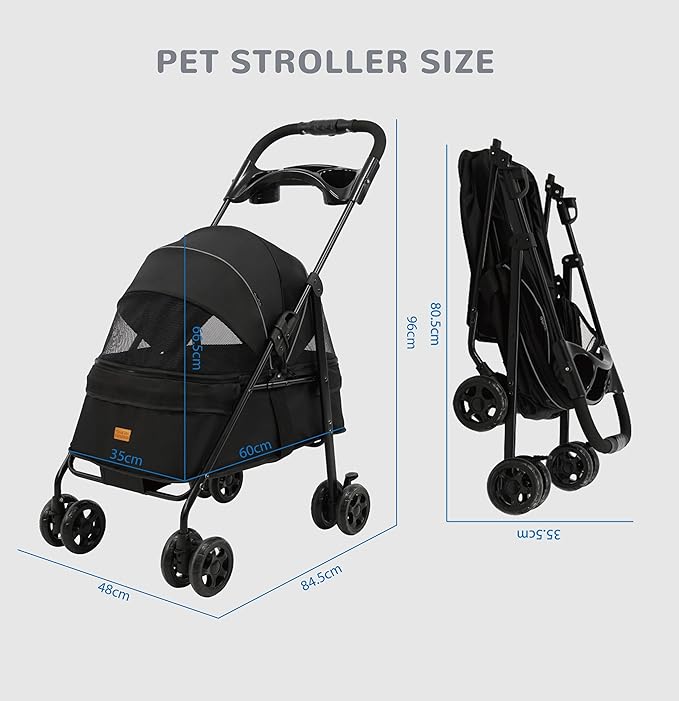 4 Wheels Pet Stroller,One-Click Folding Portable Folding Dog Cat Stroller,Sunshade, Storage Bag, Waterproof Oxford Fiber，Breathable and Visible Mesh for Small/Medium Pets up to 33 lbs,Black ﻿-PawvioPets