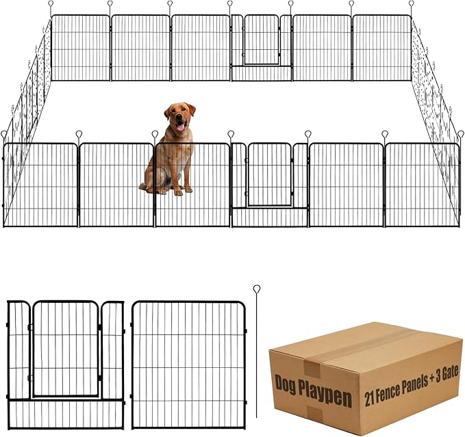 Dog Playpen,24 32 40 48 in(H) Pet Fence Outdoor for Rv Camping,Garden Fence Medium Animal Barrie for Yard,11Ft(L)-56Ft(L) Black Metal Temporary Fencing-PawvioPets