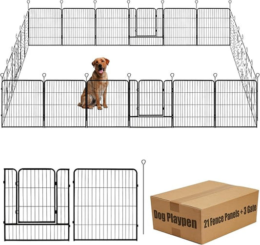 Dog Playpen,24 32 40 48 in(H) Pet Fence Outdoor for Rv Camping,Garden Fence Medium Animal Barrie for Yard,11Ft(L)-56Ft(L) Black Metal Temporary Fencing-PawvioPets
